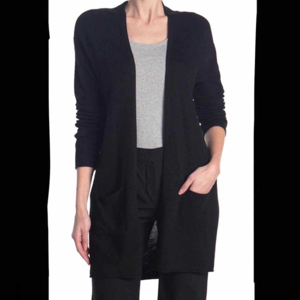 NWT T Tahari Black Open Front Ribbed Cashmere Blend Cardigan - Size S